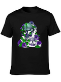 Gothic Elegance Meets Urban Flair: Green And Viole Lightweight Cotton T-Shirt – Daily Comfort Graphic Shirt