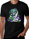 Gothic Elegance Meets Urban Flair: Green And Viole Lightweight Cotton T-Shirt – Daily Comfort Graphic Shirt